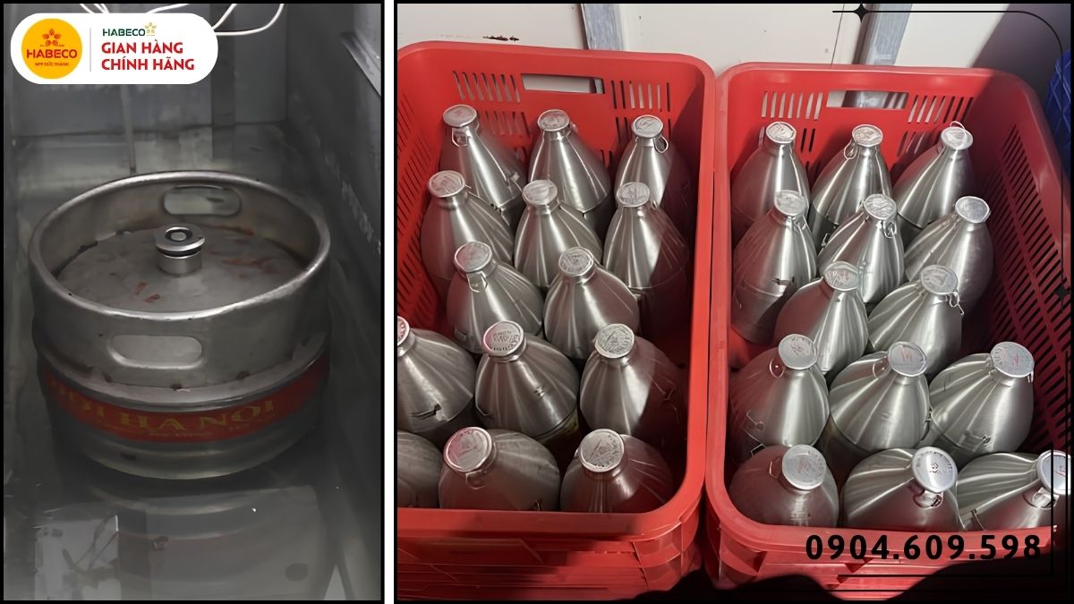Keg bom bia và tủ bảo quản bố trí gọn trong kho quán