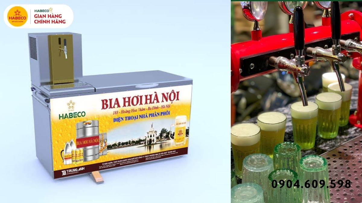 Khu vực lưu trữ bom bia và tủ bảo quản tại phía sau quán nhậu