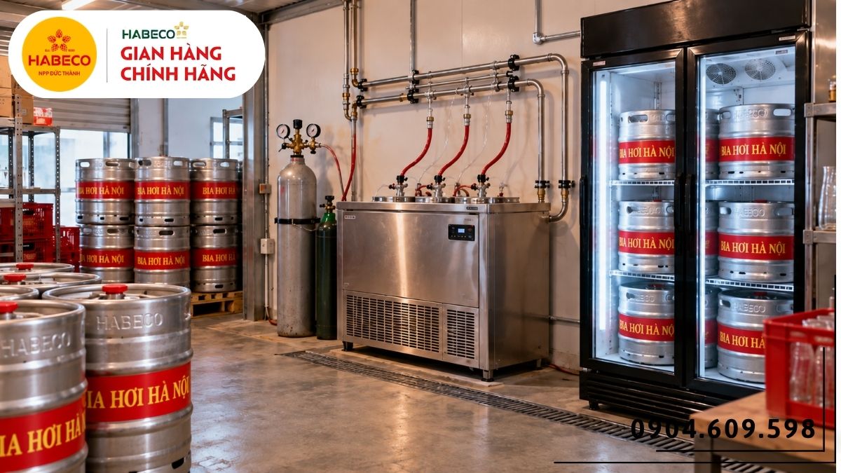 Bom bia 50L và tủ bảo quản bố trí gọn tại khu vực phục vụ quán