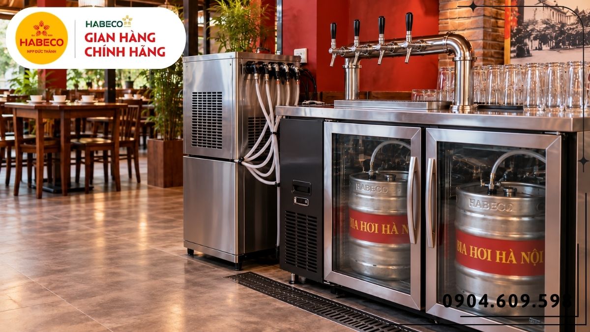 Khu vực setup keg và thiết bị phục vụ bia hơi tại quán