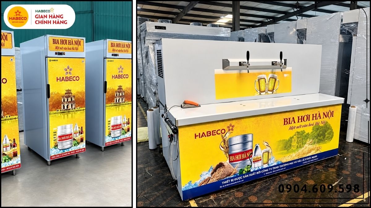 Tủ bảo quản bia hơi và hệ thống đường bia bố trí gọn tại quán