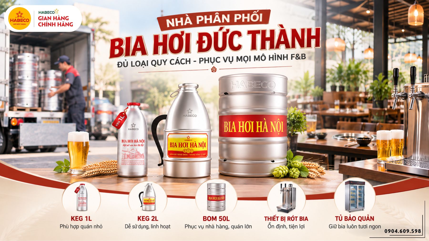 So sánh trực quan keg bia hơi Hà Nội 1 lít 2 lít và bom bia 50 lít