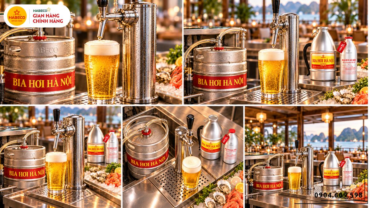 Keg bia và bom bia được bố trí trong khu bảo quản nhà hàng hải sản
